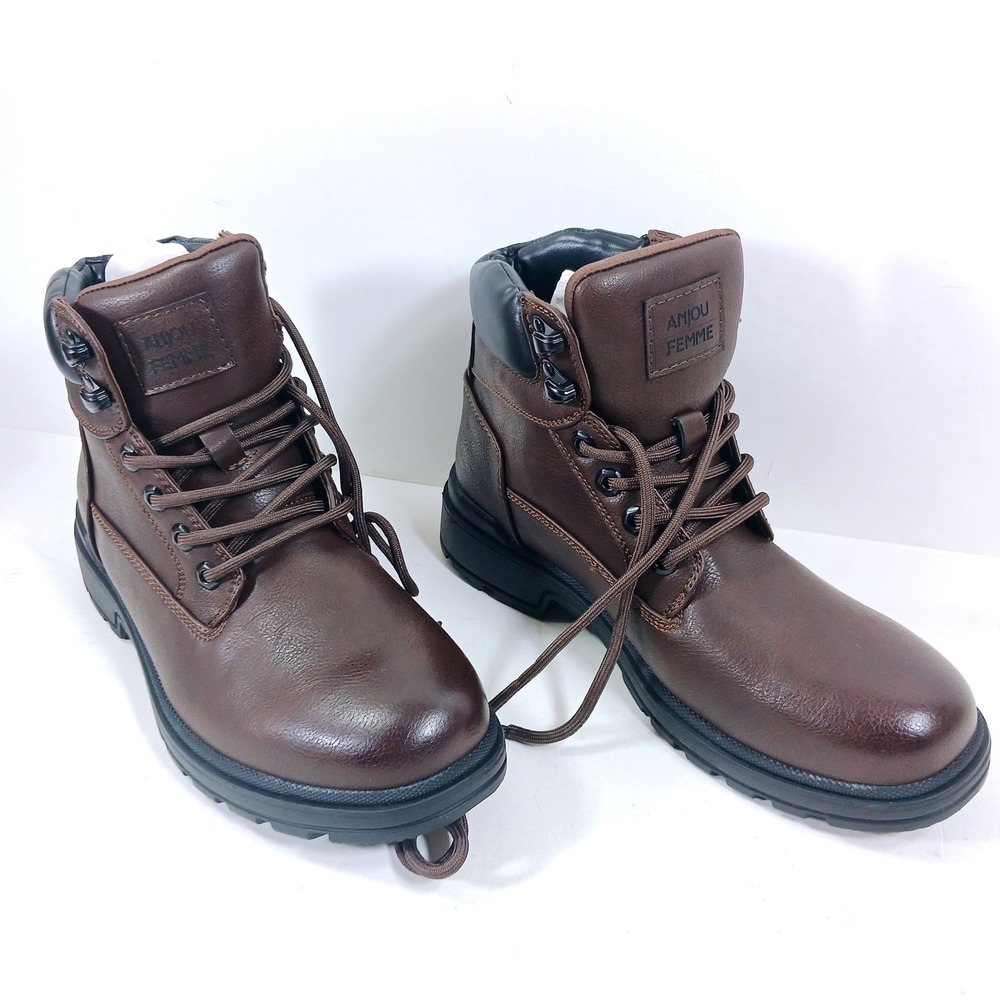 AnjouFemme Brown Hiking Boots Faux Leather Lace Up Work Boots Womens 8.5
